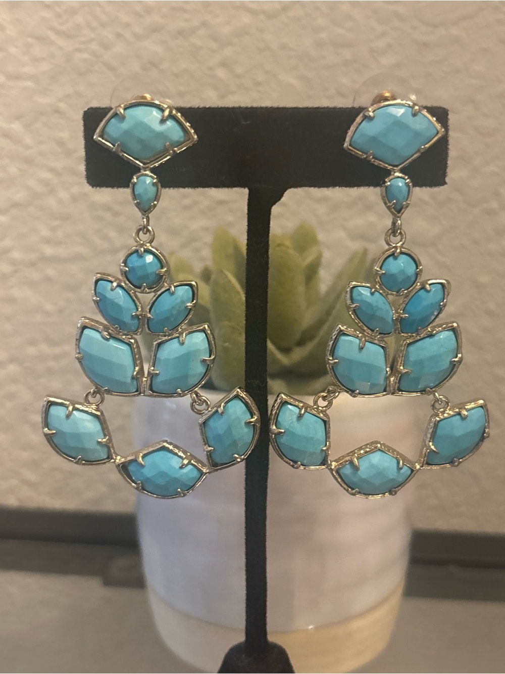 Kendra Scott Vintage Daphiney Statement Drop Earrings - Turquoise Blue- Gold - Picture 2 of 7